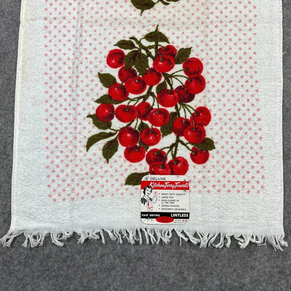 Vintage Town House Kitchen Terry Towel Cherry Polka Dot Fringed MCM 50s USA